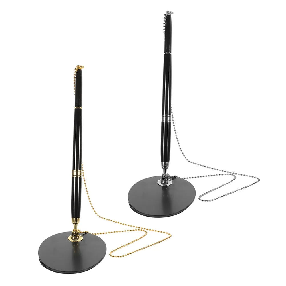 2Sets Black Ballpoint Neutral Pen Metal Chain Base Stand Desk Office Counter Signature 0.5mm Secure Guest Book Wedding Signing