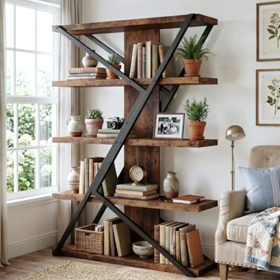 5-Tier Industrial Bookshelf for Office Use, Brown Wood and Metal Construction, Heavy-Duty Stability and Space-Saving Design