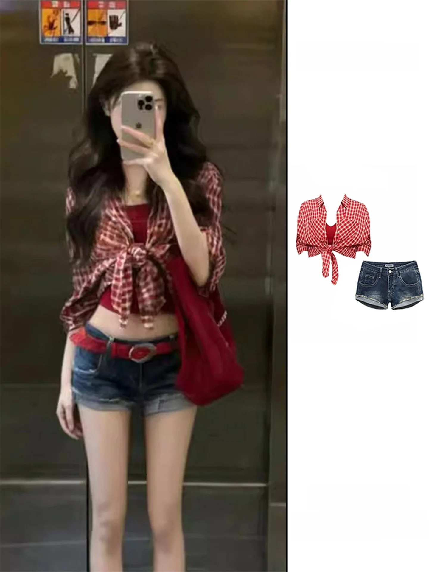 

American Hot Girl Red Plaid Shirt Set Women's Short Top Sun Protection Outerwear Vest Denim Shorts Casual Style Spring Summer