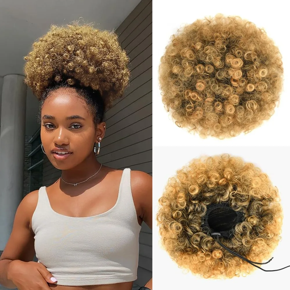 Cola de Caballo Afro Puff con cordón para mujer, espuma sintética corta y rizada, moño marrón miel, 27 #