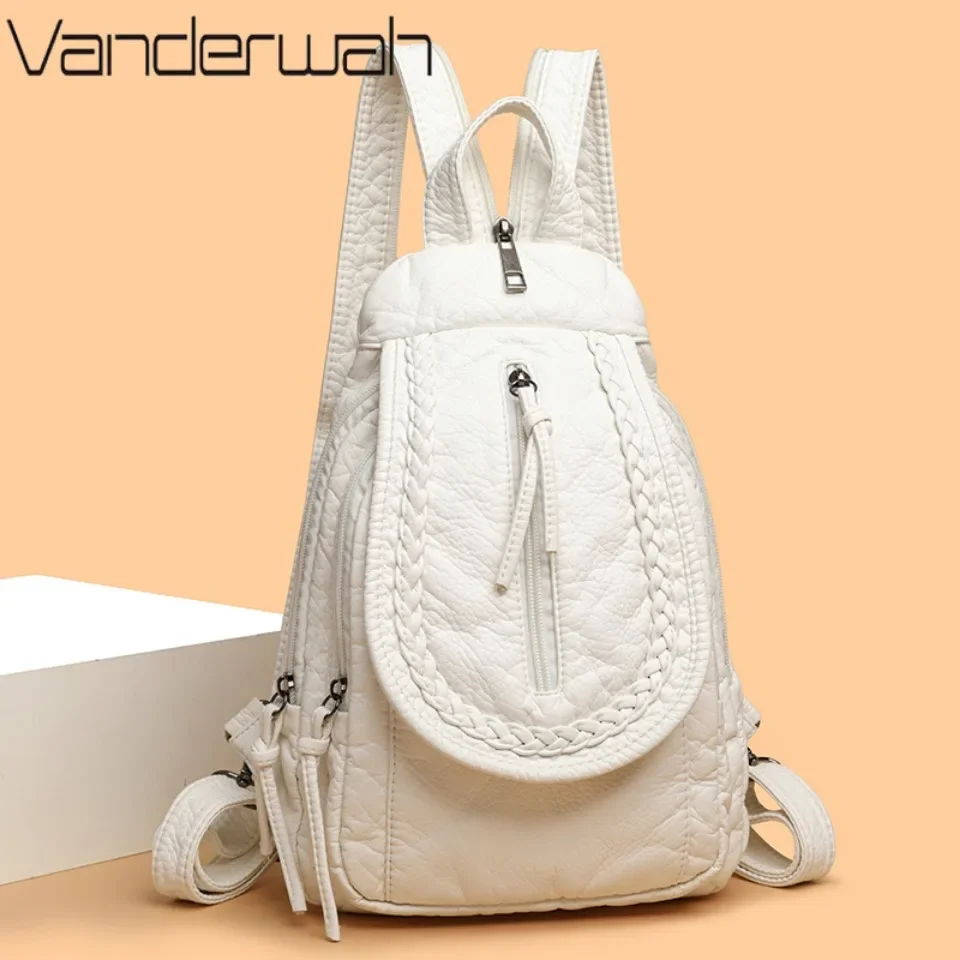 

White Backpack For Women Small Shoulder Bag Multi-pocket Rucksack Ladies High Quality Soft Leather Sac A Dos Casual Teenager Bag