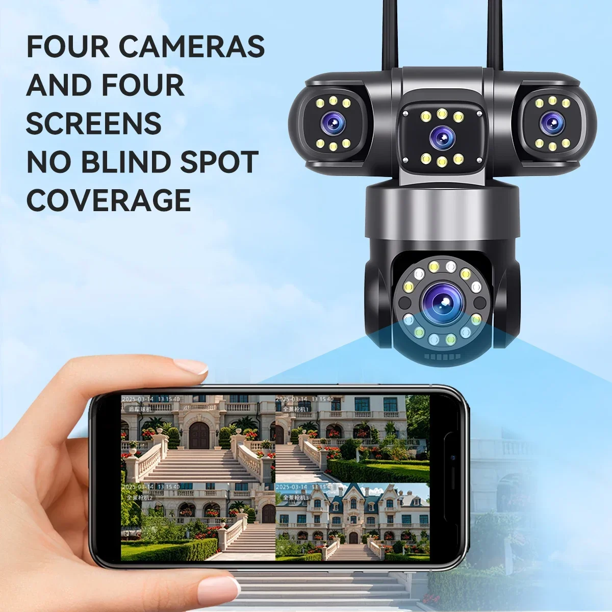 Mart Four Lens 20MP CCTV Camera: IP, Two-Way Audio, and 360° Auto Tracking with Color Night Vision