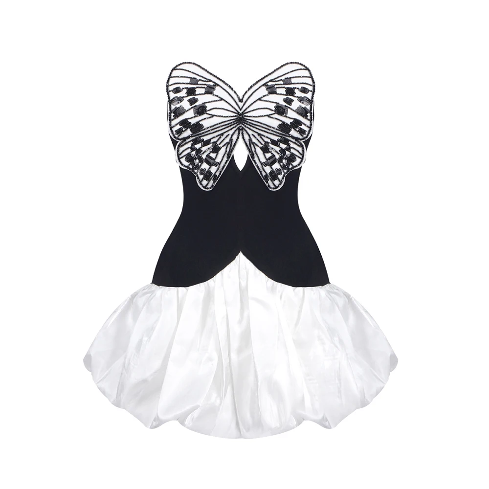 

Women Elegant Bow Strapless Bandages Dress Sexy Beading Patchwork Clothes Club Party Mini Dresses