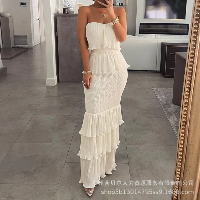 

2025 Fashionable Vintage Ruffle Chiffon Slip Sweet Long Dress Chic Elegant Beach Vacation Summer Fashion A-line Pleated Dresses