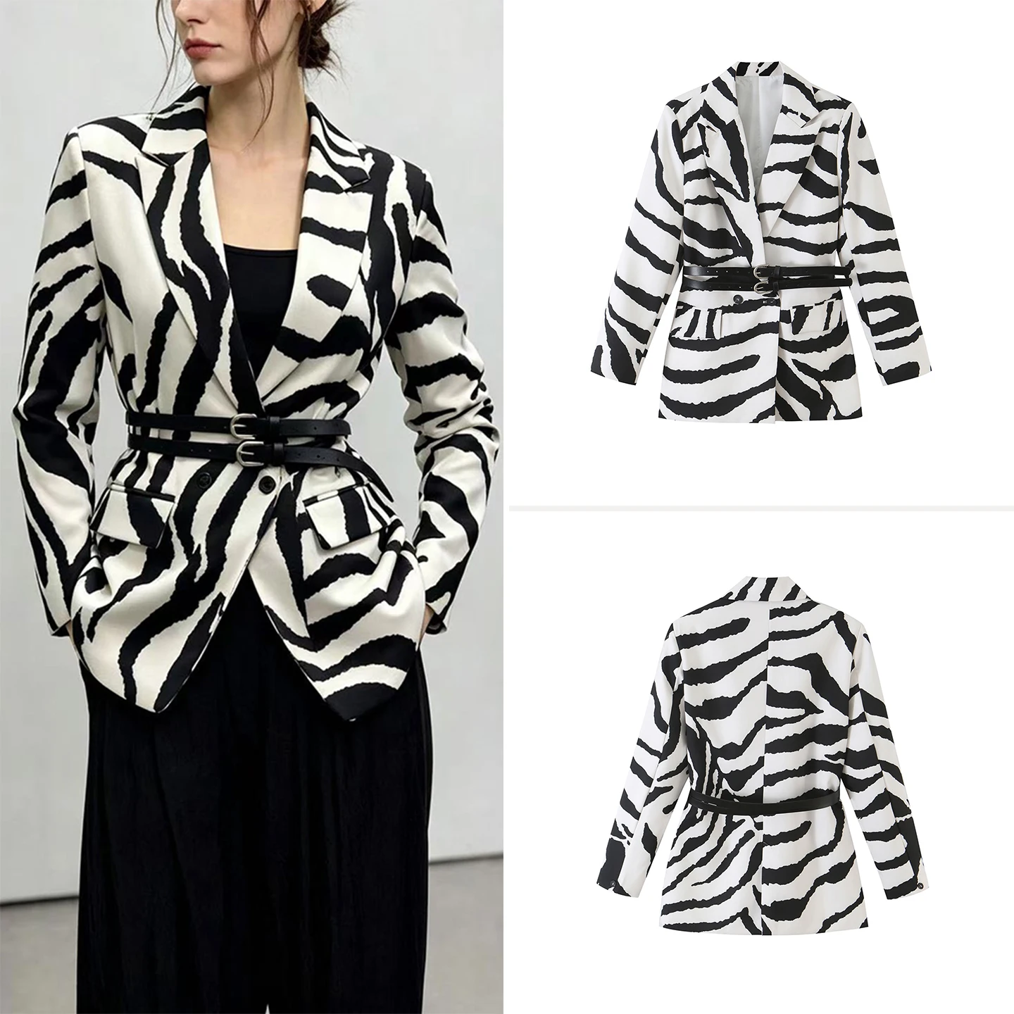 Fashionable Women's Autumn Outerwear Long Sleeve Button-Up Collar Zebra Print Double Belted Suit Jacket Casual Loose Fit