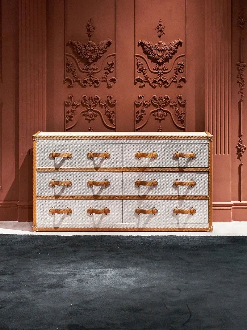 French retro leather side cabinet American six-bucket porch cabinet Living room Italian minimalist side cabinet