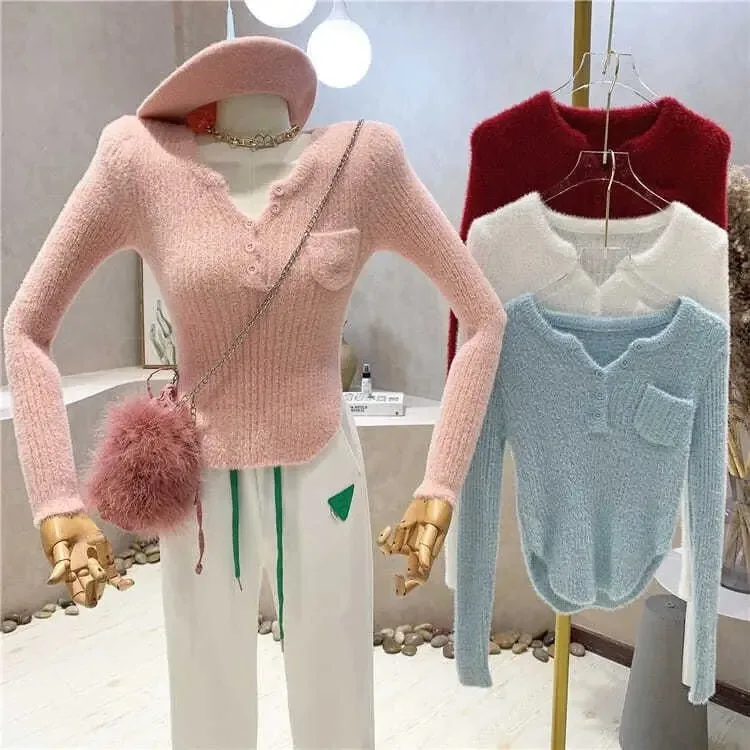 Mink Cashmere Sweet Crop Top Sueters Mohair Pullover Pink Sweater Mujer Jumper  Knitted Y2k Women Sweaters Slim Korean Style