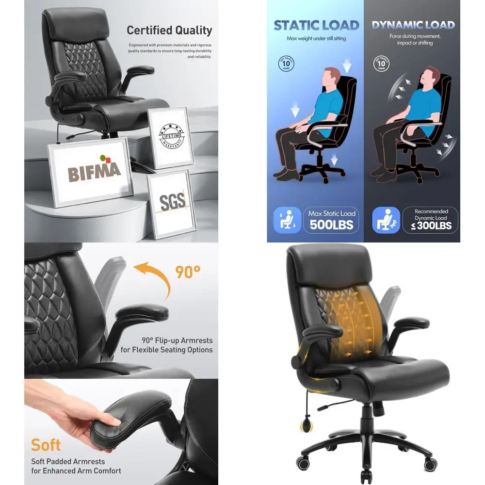 

Эргономичное офисное кресло повышенной вместимости (до 500 фунтов) с откидными подлокотниками, поясничной опорой и фиксацией наклона для высоких и крупных людей, черное