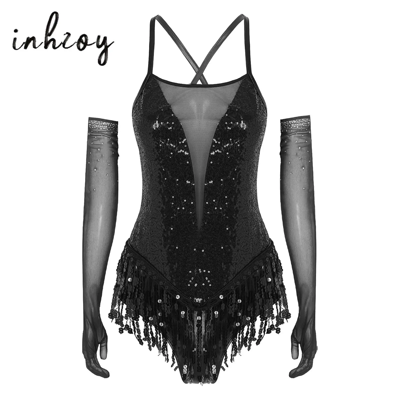 

Womens Latin Tango Dance Performance Costume Cross Back Shiny Sequins Fringed Skirted Leotard+1 Pair Gloves for Rumba Cha-Cha