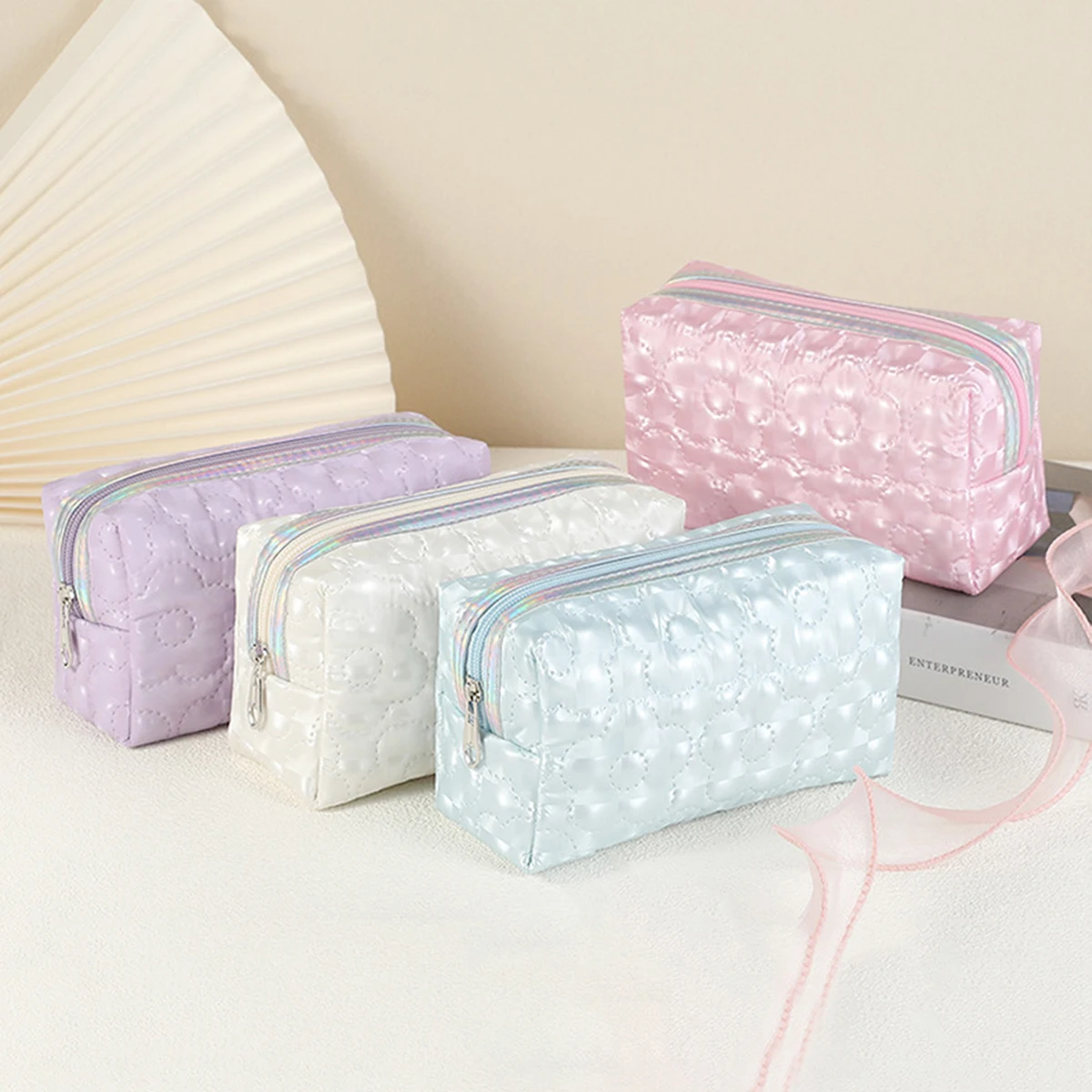 1PC exquisite floral pattern storage pouch with glitter fabric, portable desk stationery organizerBag for study and office
