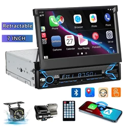 7 Inch Retractable Car Radio Stereo 1 Din HD Touch Screen Car Video Player with Dash Cam & Backup Camera Navigation AUX/FM/USB