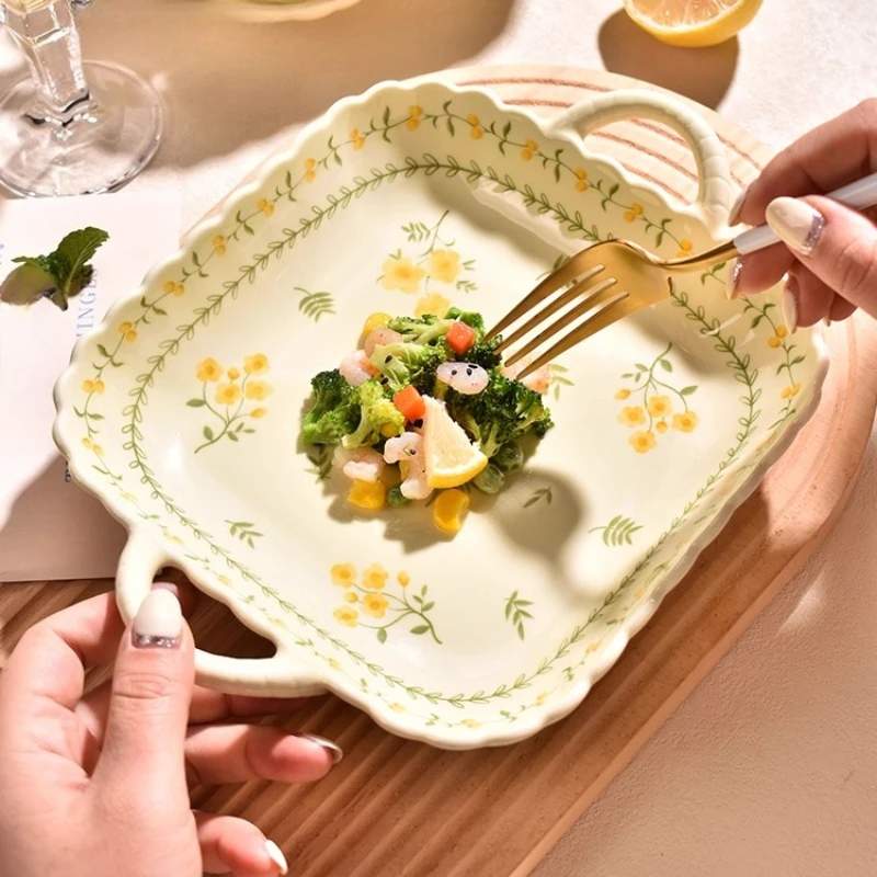

Double Ear Plate Household Ceramic Underglaze Color High Aesthetic Square Plate Exquisite and Beautiful Dining Plate