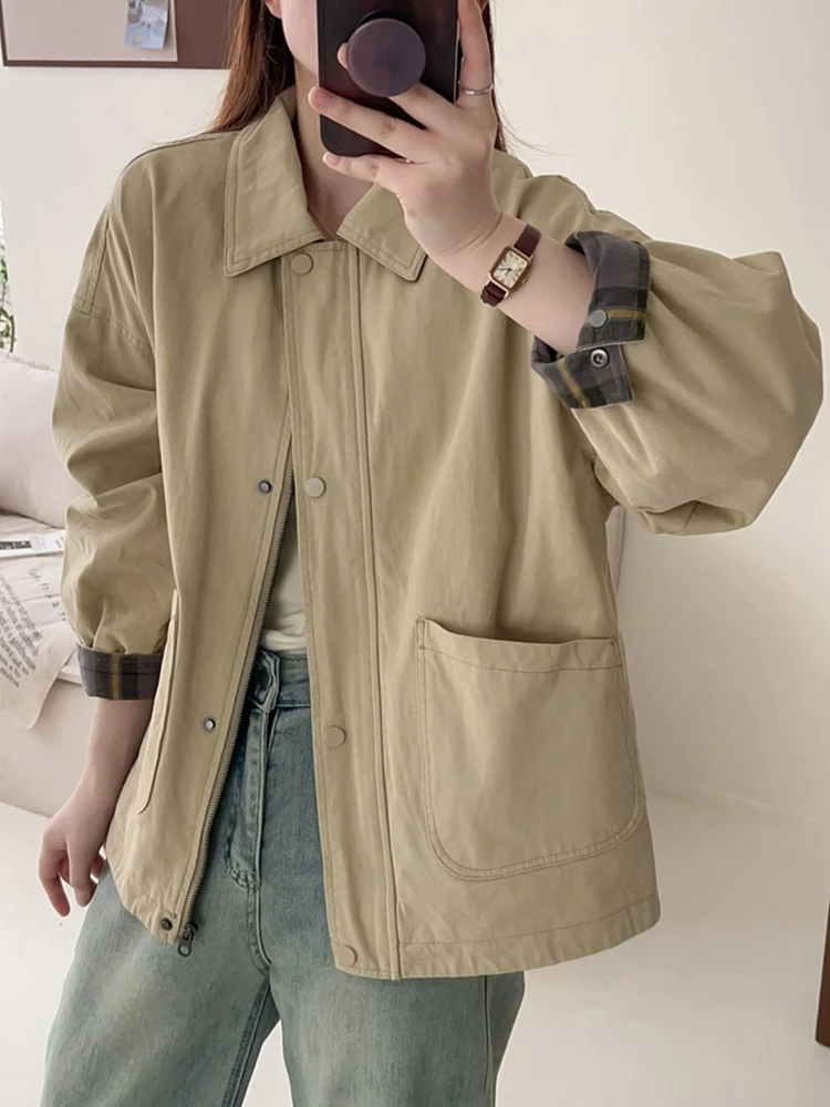 

Zoki Fall Women Cargo Jacket Loose Preppy Style Long Sleeve Vintage Coat Casual Big Pockets American Retro Solid Bf Outwear Tops