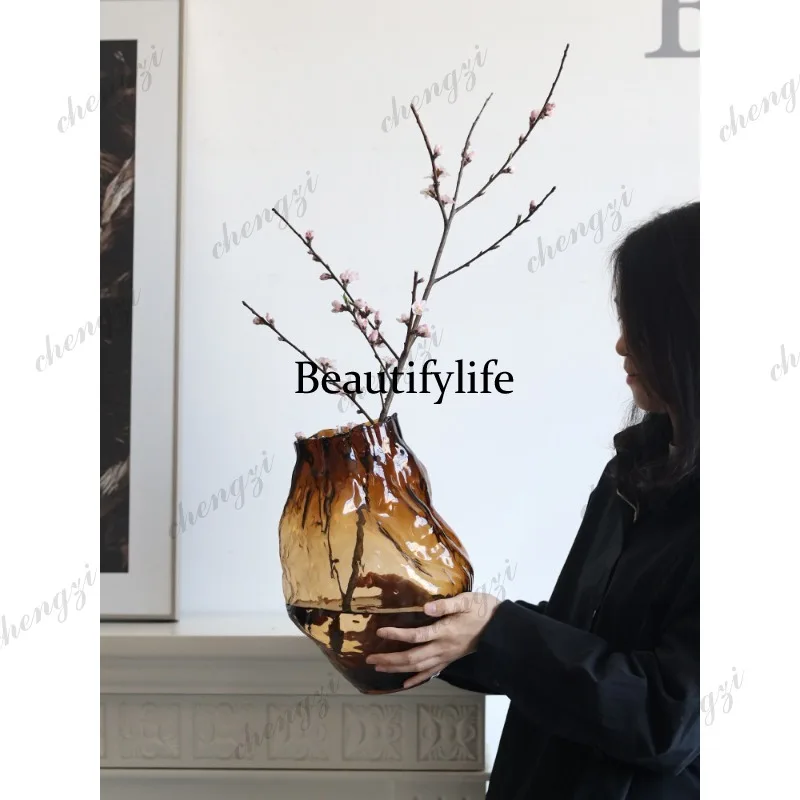 Light luxury simple amber glass vase ornament hydroponic flowers living room flower arrangement decoration