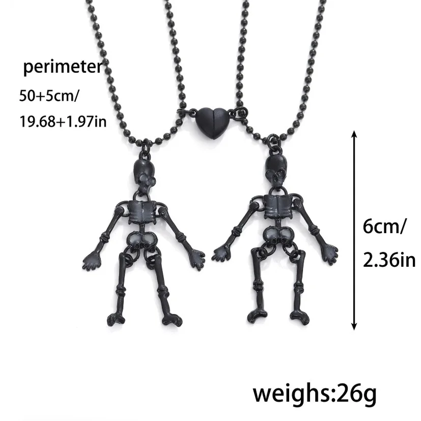 Long Distance Lovers Glow-in-the-Dark Heart Magnetic Skeleton Necklaces Stainless Steel Halloween Hollow Bone Couple Pendant