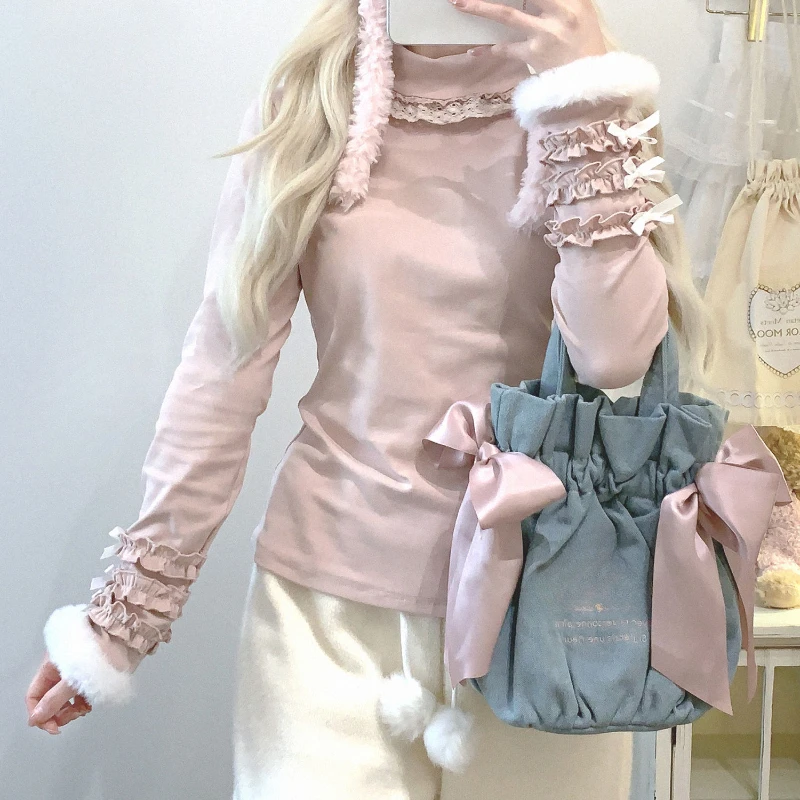 

Japanese Kawaii Turtlenenck Fluffy Blouse Women Sweet Lace Long Sleeve Slim Tops Pink Ruch Solid Design Casual Pullover 2025 New