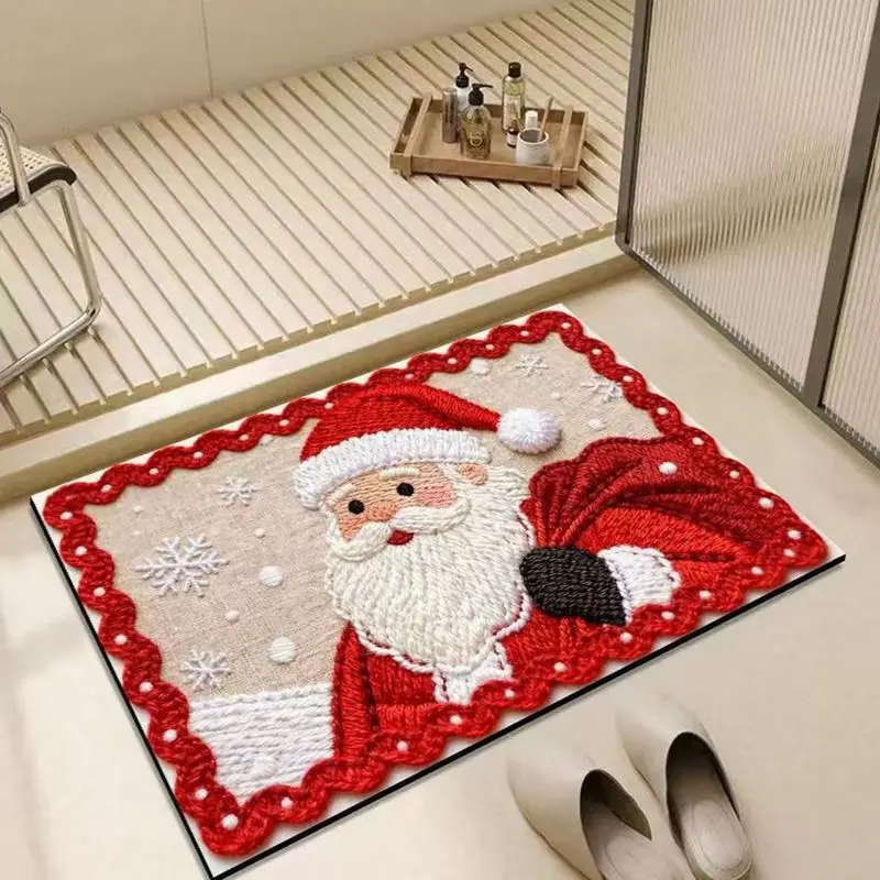 VIKAMA Santa Claus Bath Mat Red Embroidery Print Absorbent Non Slip Bath Rug For Bathroom Floor Christmas Holiday Decor