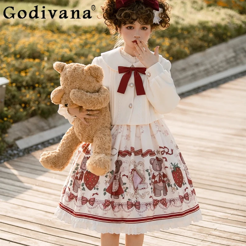 

Original Sweet Girl's Lolita Sling Dress Jacket 2-Piece Set Autumn Winter New Woman's Cute Strawberry Bear Print Princess Dress