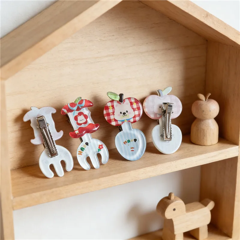

4Pcs/Lot Creative Headdress Apple & Fork Spoon Hairpin Cute Cartoon Dog Red Plaid Hair Clips Sweet Cool Women Hair Accessories