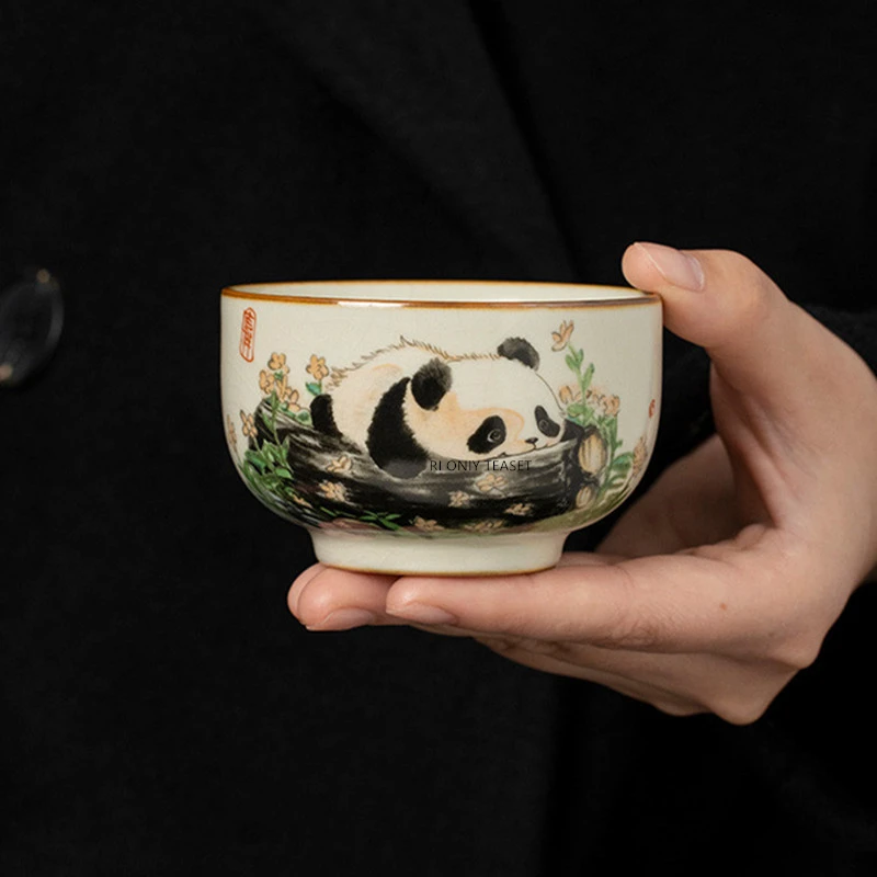 1 Pc Chinese Tradition Ru Kiln Ceramic Tea Cup Handmade Cute Panda Teacup Household Tea Bowl Master Cup Tea Set Accessories