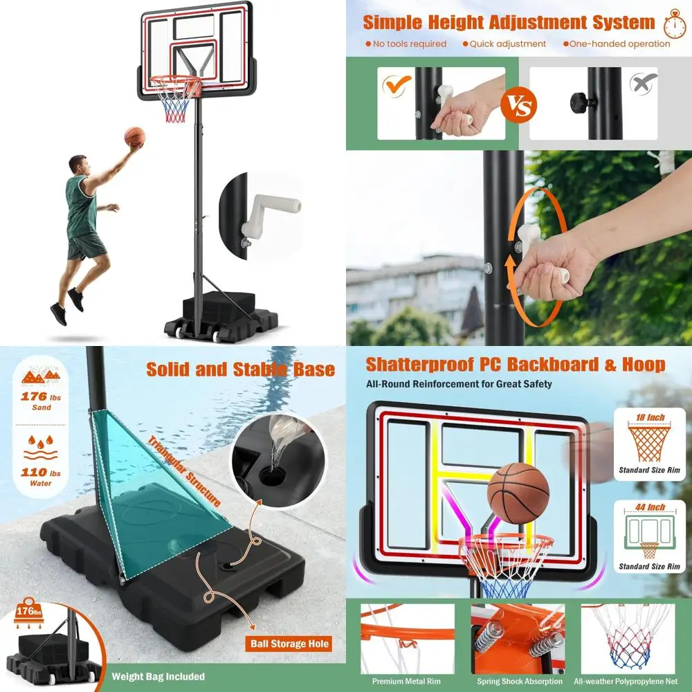 Наружная баскетбольная система с регулируемой высотой — 7,4–10 футов, 44-дюймовая небьющаяся поликарбонатная подложка, портативная для улицы