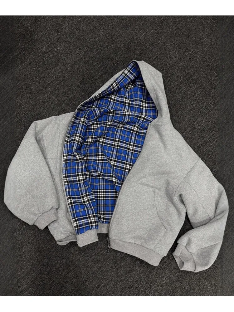 

Checkered Print Pattern Cardigan Coat For Woman Autumn Fashion Wear On Both Sides Loose Jacket Winter With Pocket Ladies Coats