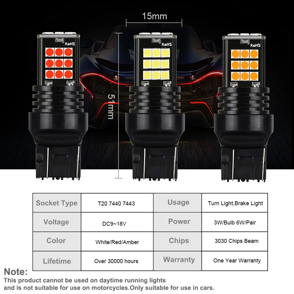 Anmingpu 2x lâmpada de sinal t20 7443 led w21/5w 3030smd w21w 7440 led wy21w por sua vez luz de freio luz reversa âmbar branco 12v