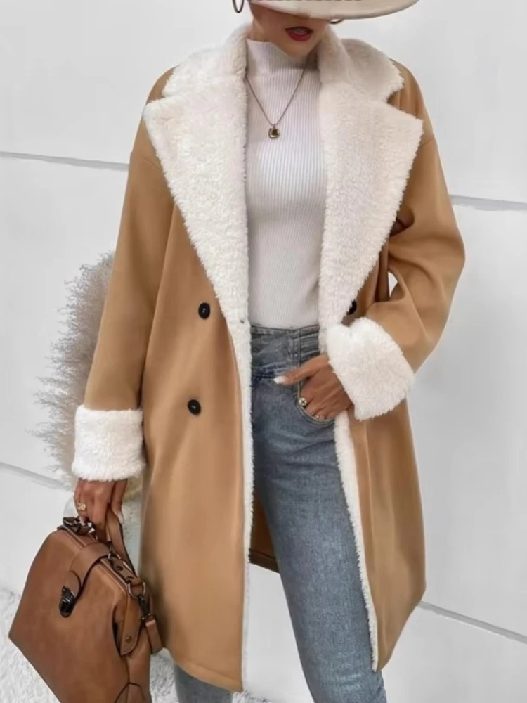 Winter Suede Wool Blends Jacket Womens Casual Lapel Medium Length Female Woolen Coats  Long Sleeve Commuting Women's Clothing
