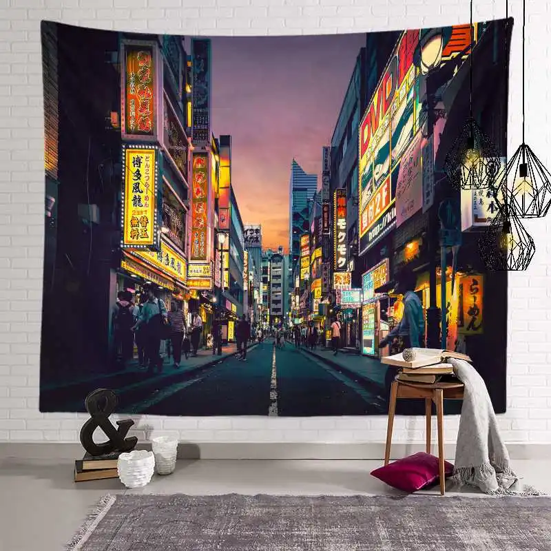 Neon high-rise building home dormitory living room decoration wall rug HD street view city photo tapestry  hanging tapiz