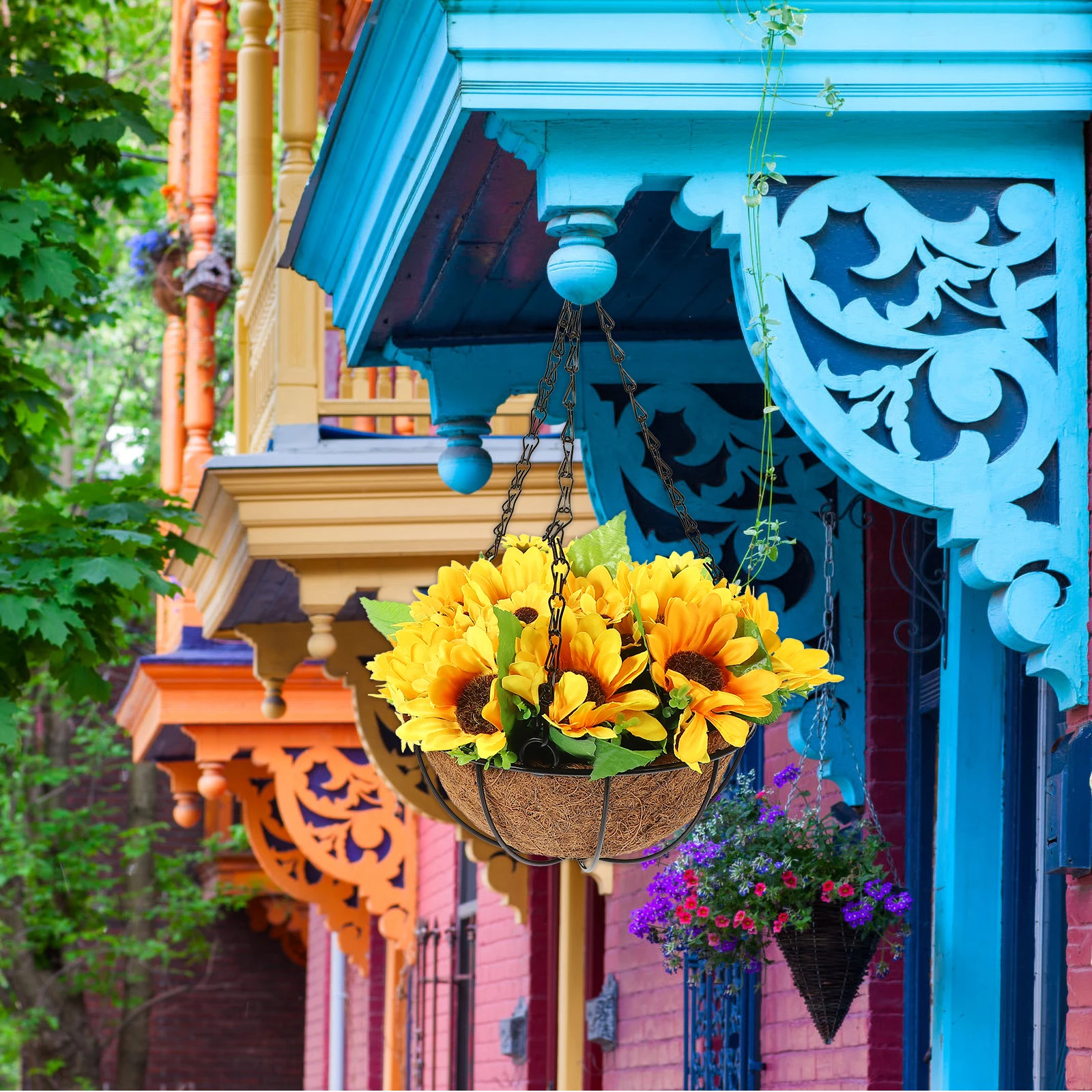 

Artificial Sunflower Hanging Basket Realistic Flower Decor for Outdoor Indoor Garden Porch Home Hanging Ornament