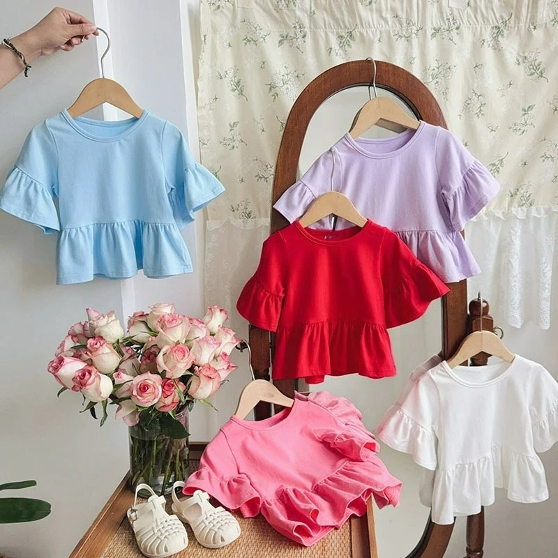 Baby Girls' Solid Color Doll Shirt Summer Outfit Korean Japan Version Cotton Trumpet Lotus Leaf Mid Sleeved Loose Top