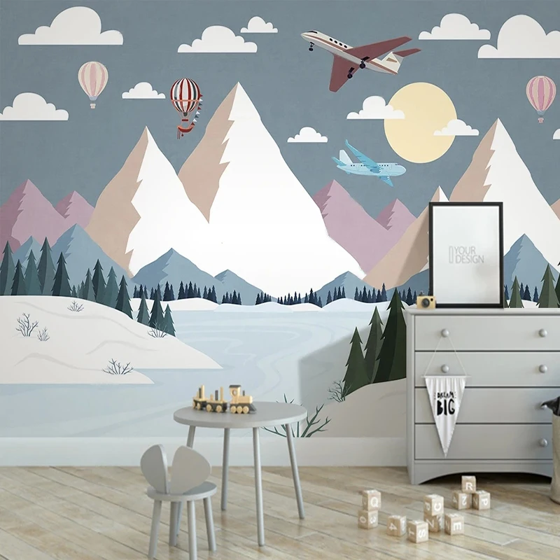 

Photo Wallpaper Cartoon Snow Mountain Scenery Balloon Plane Mural Wall Cloth Children Boy Bedroom Backdrop Wall Decor 3D Fresco