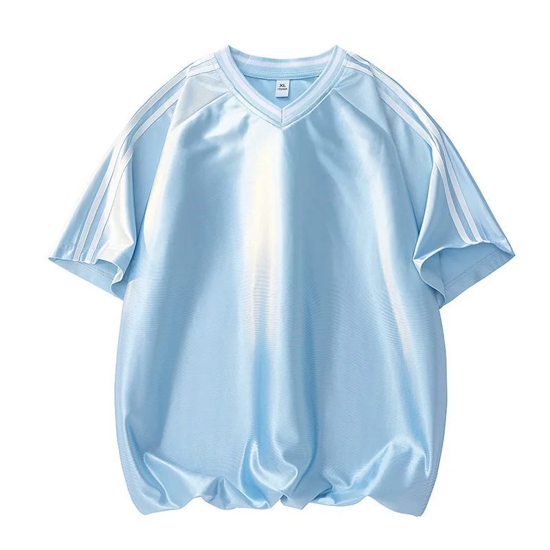 Summer Glossy Unisex Embroidery Baseball Jersey Short Sleeve T shirt Plus Size Satin Top Shirt Streetwear