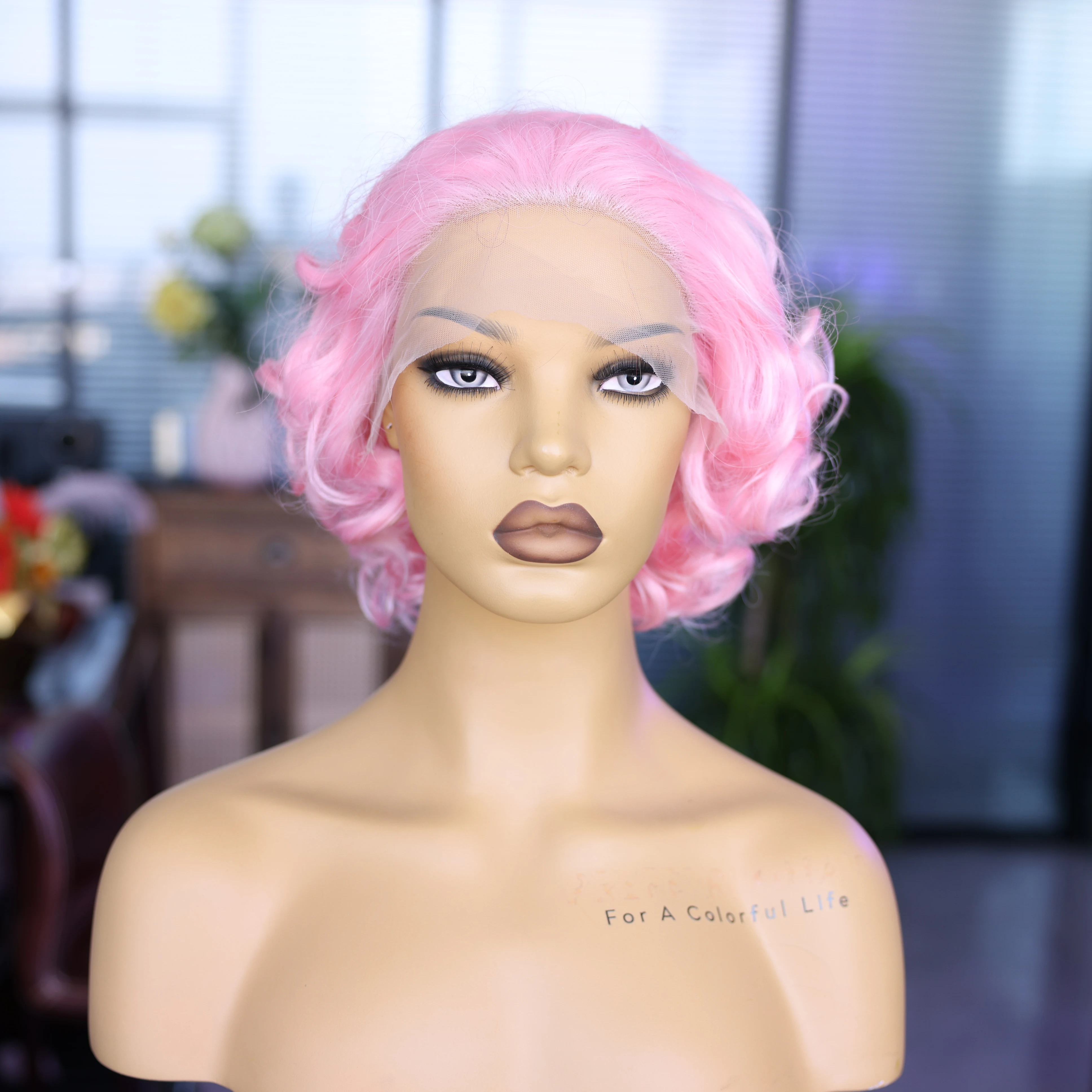 Pink Short Synthetic Wave Wig Natural Hangline Front Lace Mesh Cap Adjustable Elastic Wig Lightweight for Dating Travel Cosplay