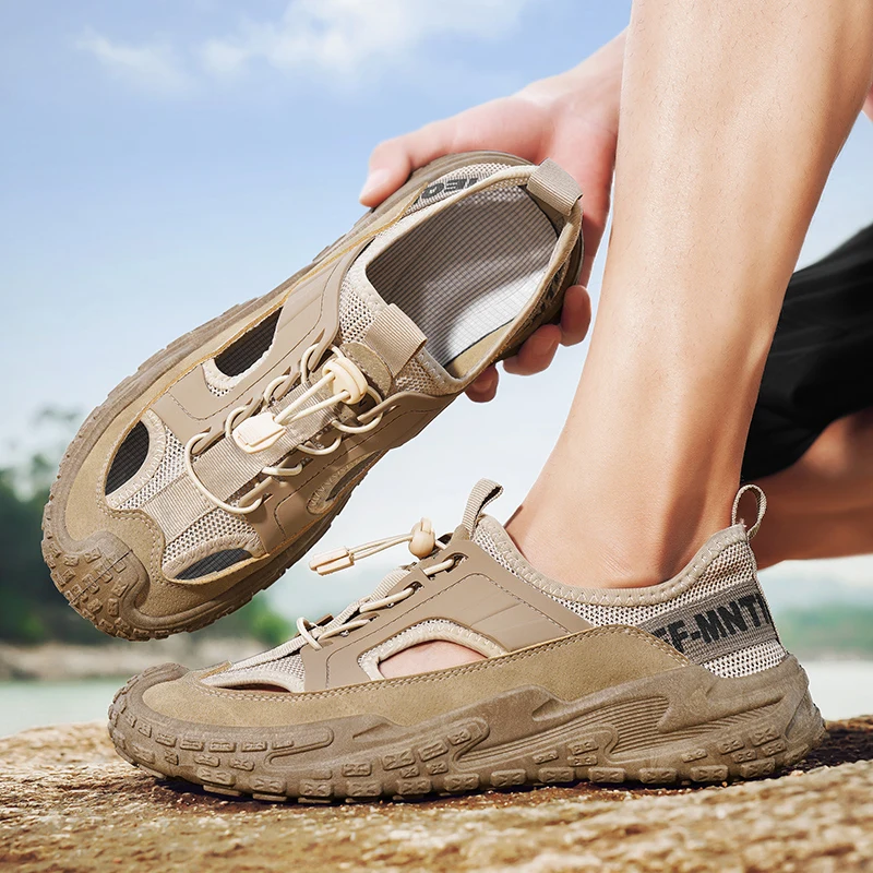 Classic Grey Hiking Sandals Men Summer Mesh Outdoor Beach Men's Sports Sandals Platform Breathable Hollow Out Walking Shoes Man