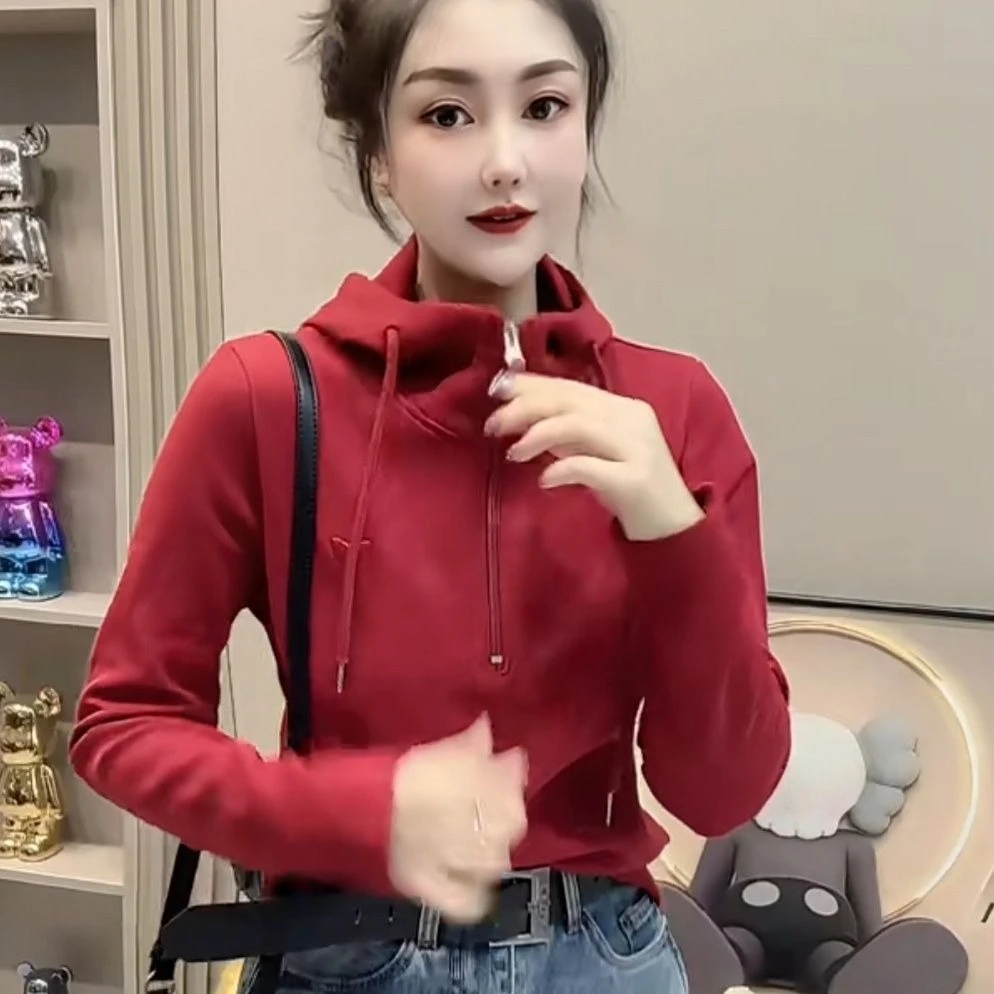 2026 New Euro Version Half Zipper Hoodie Women Heart Embroidered Long Sleeve Autumn Winter Casual Loose Versatile Sweatshirt