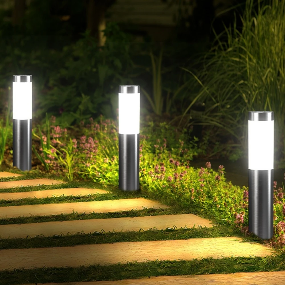 Solar Stainless Steel LED Modern Pathway Lights Upgraded Courtyard Outdoor Garden Cylindrical Lawn Light Outside Walkway Decor