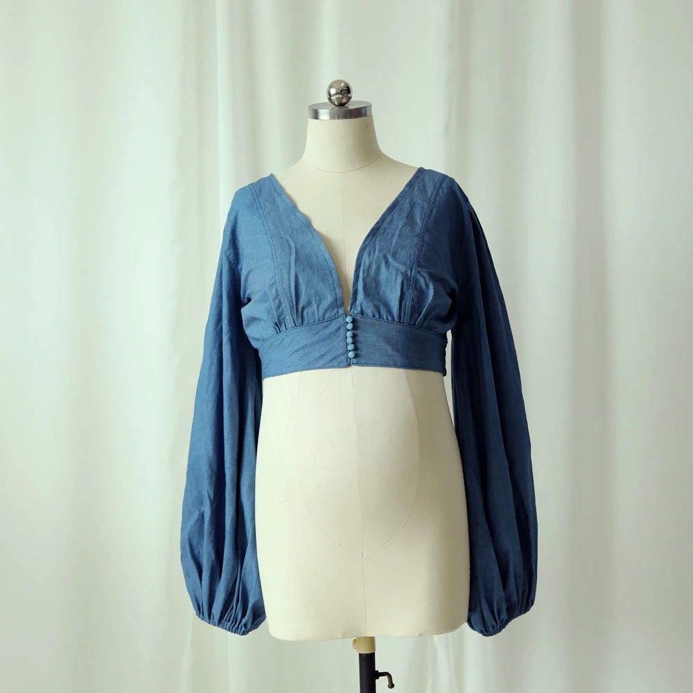 

Denim Look Maternity Photography Top Lantern Sleeve Deep V Neck Pregnancy Crop Top Pregnant Women Photography Props