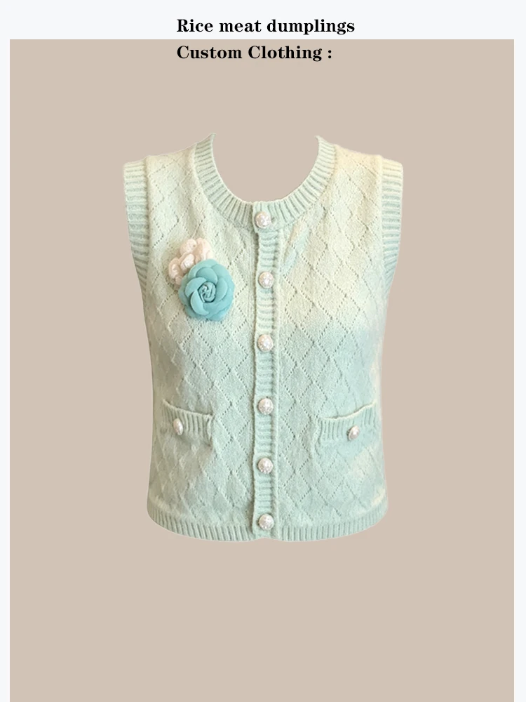 

Elegant Knitted Open Cardigan Women's Vest Summer Pattern Embroidery Nylon Fiber round Neck Straight Cut Single Button