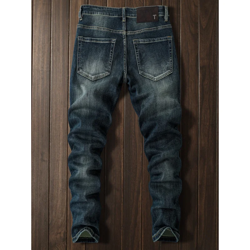 Jeans da uomo retrò blu intenso autunnali, elastici e alla moda, versatili, casual, pantaloni alla moda di strada