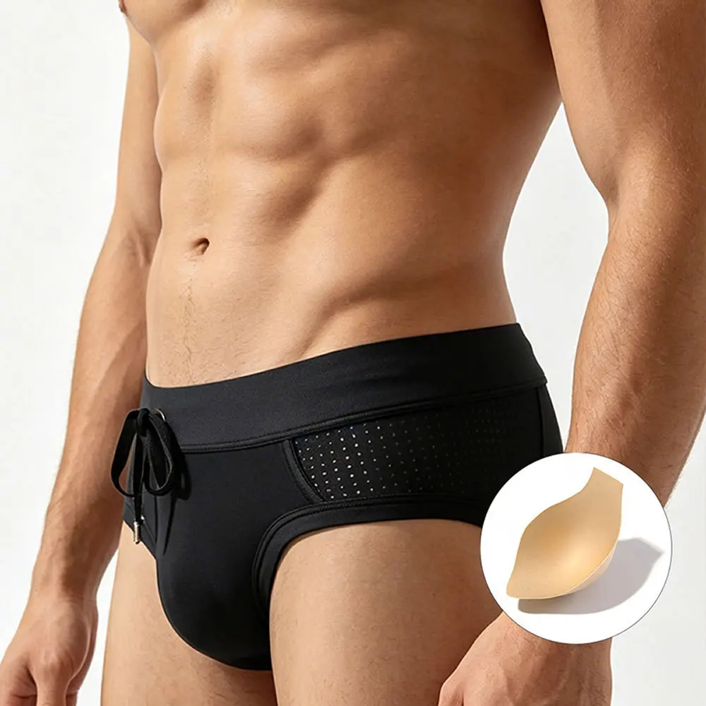 2026 Summer Men's Solid Color Swim Trunks Mesh Splicing Swimwear Sexy Beach Shorts Quick-dry Swimming Briefs Maillot De Bain