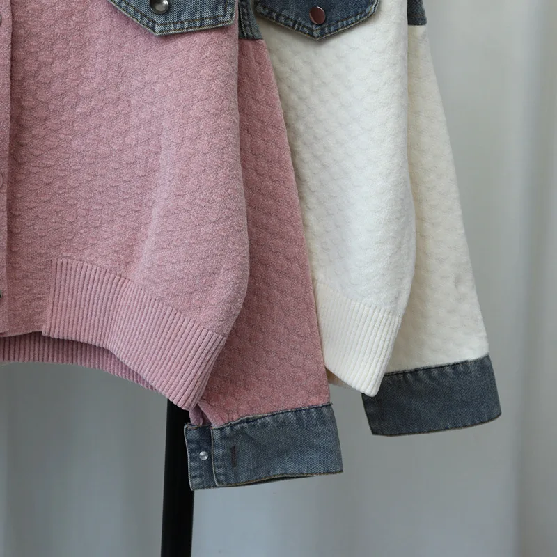 Denim Nähte Strickjacke Jacke Frauen Herbst Winter Neue Koreanische Casual V-ausschnitt Lose Tasche Design Übergroßen Pullover Mantel