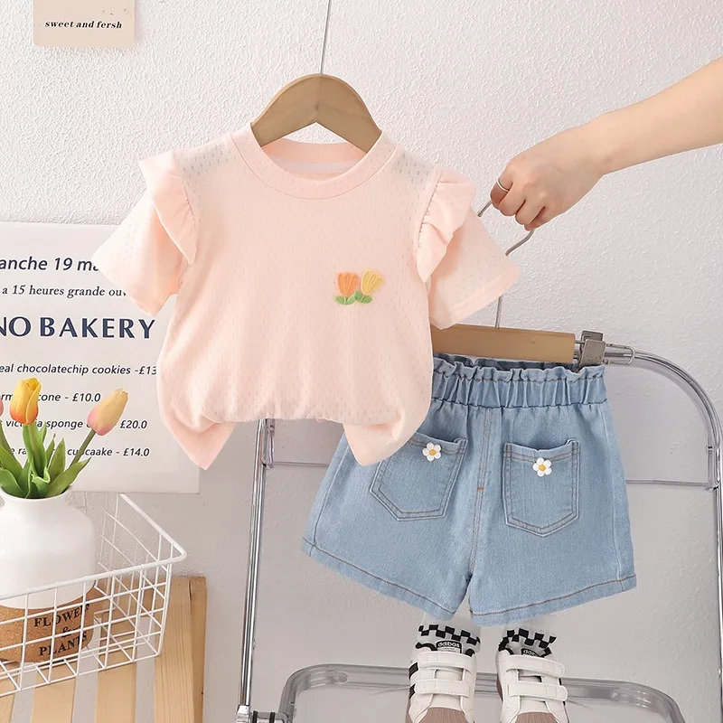 

Summer Baby Girls Floral Short-sleeved T Shirt Denim Shorts Children Clothing Sets Kids Princess Clothes Toddler Infant Outfits