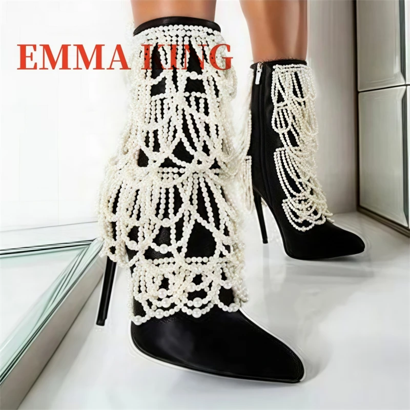 لؤلؤة خنجر الساتان Bootie أحذية فاخرة أنيقة أشار تو عالية الكعب الجانب البريدي سيدة منتصف العجل التمهيد 2025 جديد فستان الحفلات الأحذية