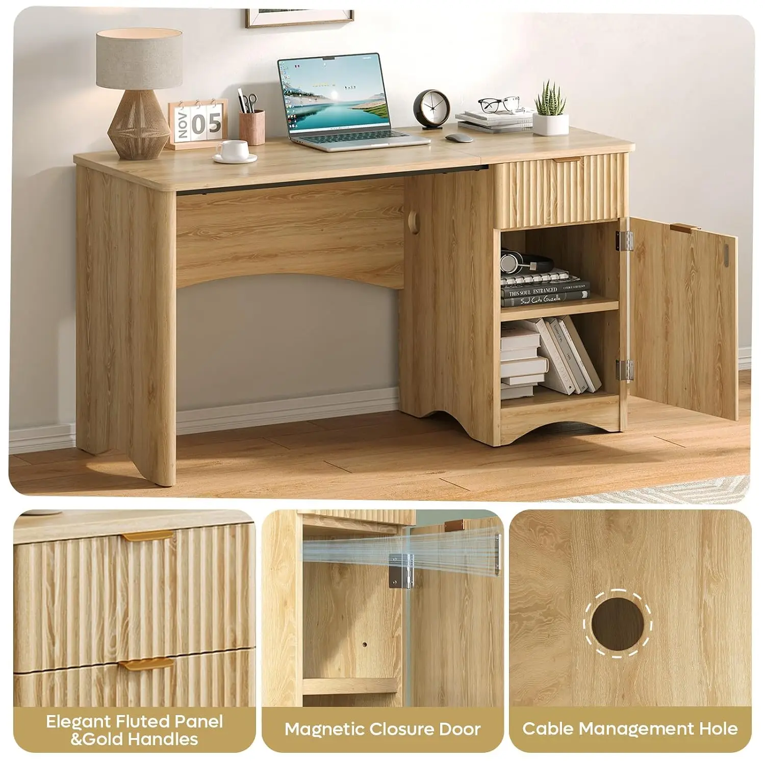 Fluted Computer Desk with Drawer & File Cabinet, Wood Storage Desk for Home Office Study, 47 inch, Natural Oak, Customized
