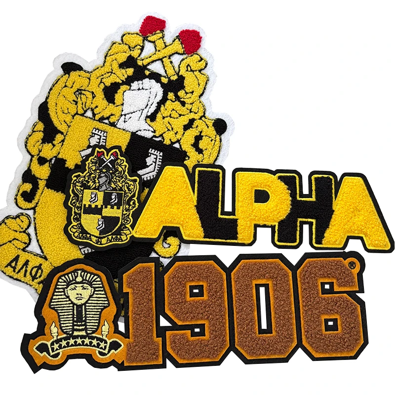 Large Chenille Old Gold and Black Fraternitry Alpha Phi Alpha Round with Tail Greek Number Since 1906 Chenille Patch for Hoodies
