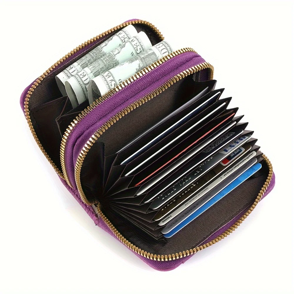 Women's Leather Credit Card Holder Double Zipper with ID Window and Coin Purse - Securely Store and Organize Your Cards with Lar