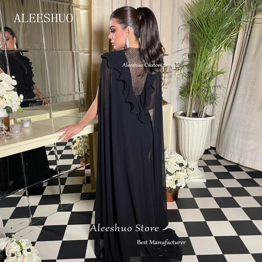 Black Silk Chiffon Prom Dress Cape V-neck Party Dress Floor Lenght Sequin Dress Sleeveless A-line  فستان سهرة Customized