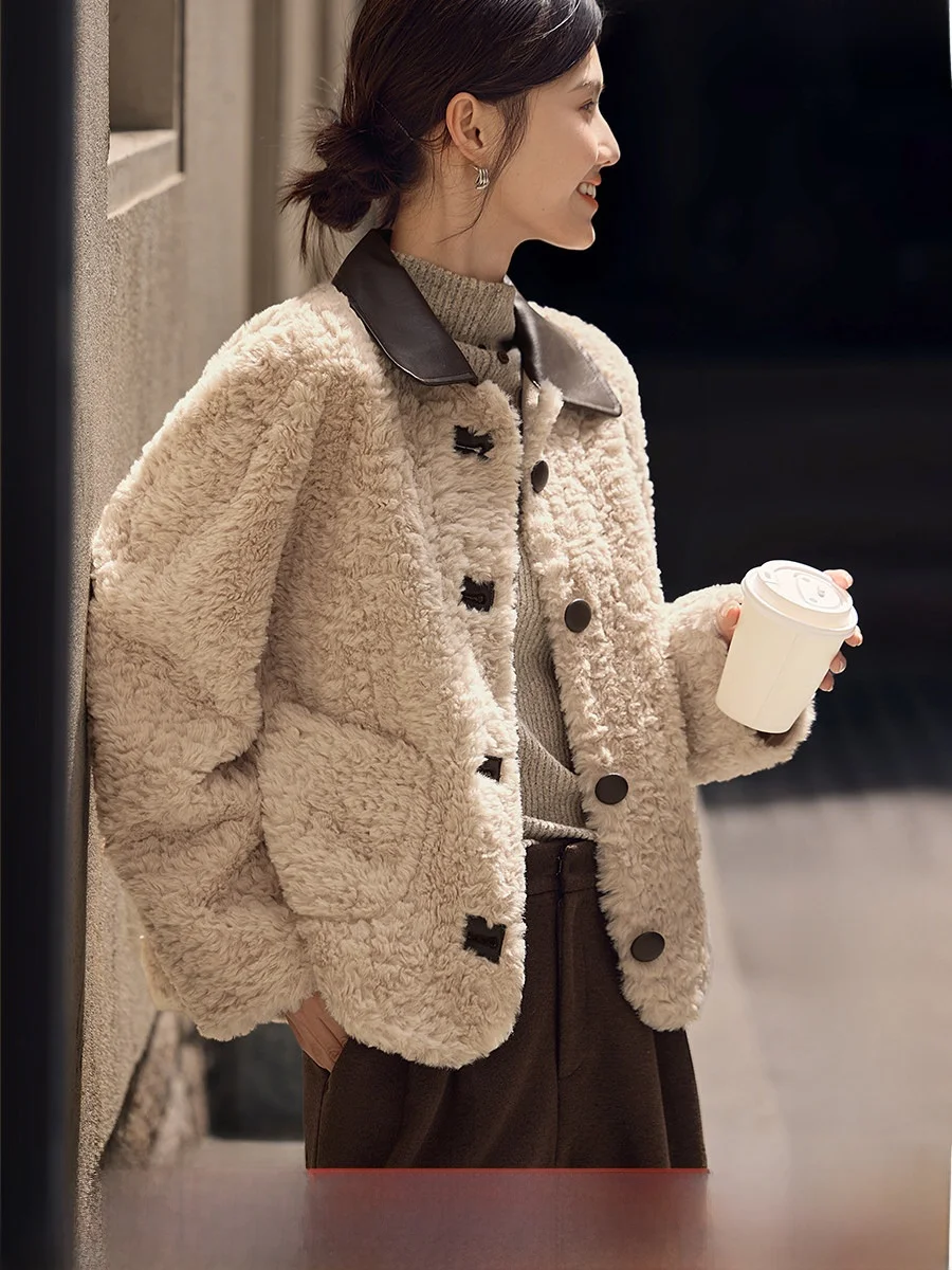 Xwi ort emenda de couro falso pele de cordeiro jaet feminino inverno ele pele de couro entrançado superior commute sle regular sve