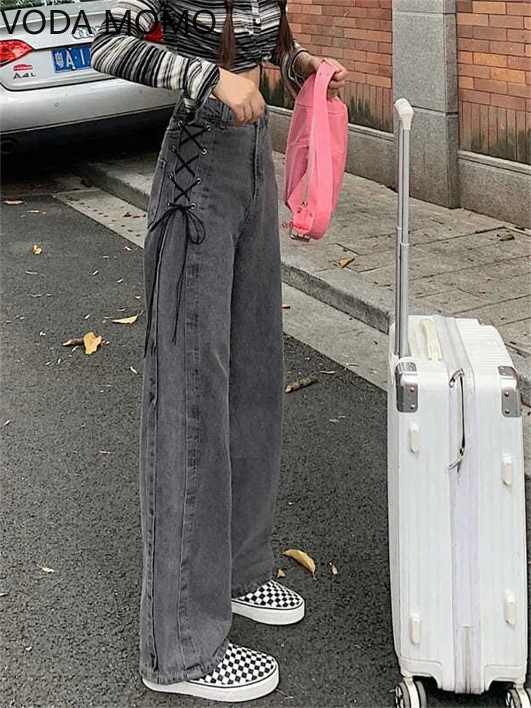 

spring 2023 womens high waist lace up straight Women's Wide leg jeans baggy woman denim capris Pants jean mom jeans trousers